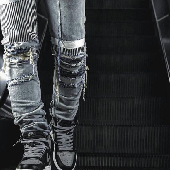 MNML Men's M74 Denim Patchwork Distressed Jeans Size 30 Streetwear Funky Cool - Picture 4 of 16